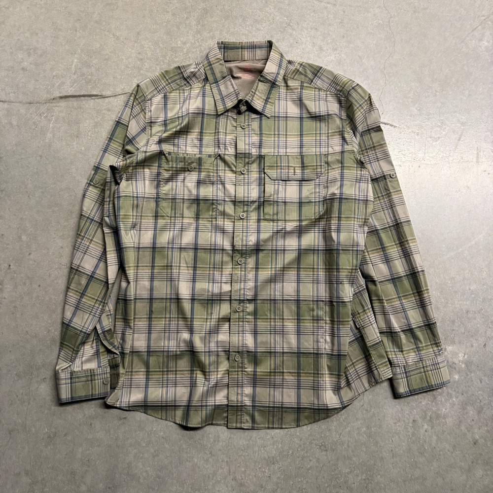 Swiss Tech Mens Large Green Plaid Long Sleeve Roll Tab Hiking Shirt 4132